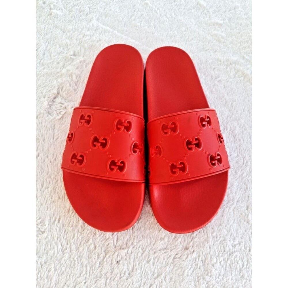 Gucci Mens Red GG Rubber Slide Sandals 575957 JDR00 6448 Perforated Logo 11 IT